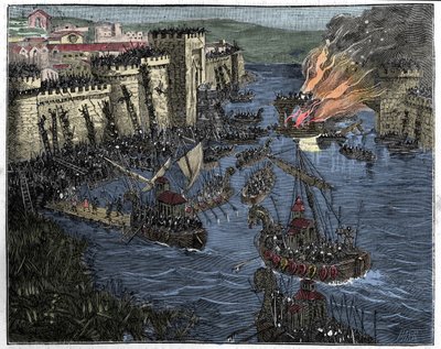 Los normandos, liderados por Rollo, sitiaron París en 885, ilustración de Francia y los franceses a través del siglo, 1884 de French School