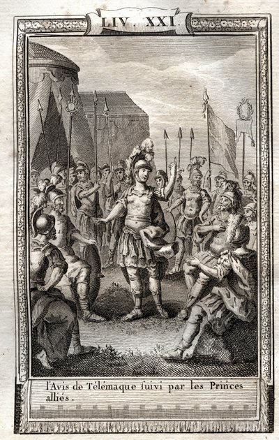 El aviso de Telémaco seguido por los príncipes aliados - grabado de 1798 después de Monnet en “Les Aventures de Télémaque, fils d