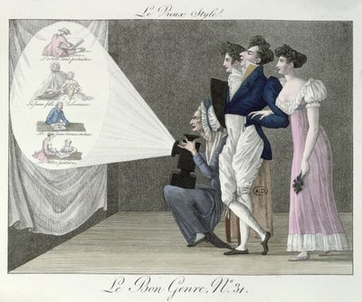El Estilo Antiguo, viendo una proyección de imágenes del siglo XVIII de una película de linterna mágica, ilustración de Le Bon Genre de French School