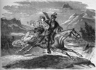 La leyenda polaca de la Princesa Heligonde y el Conde de Tyniec Walgerz. Los dos amantes huyen a Polonia. Grabado en 