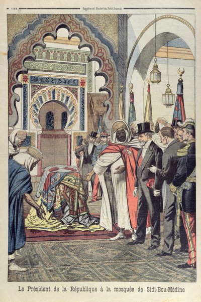 El presidente de la República Francesa, Émile Loubet (1838-1929) visitando la Mezquita de Sidi Bou Medine, Tlemcen, Argelia, ilustración de Le Petit Journal, 3 de mayo de 1903 de French School