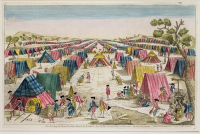 El Campamento del Ejército Prusiano, Dibujado del Natural en los Campos de Pomerania, grabado por Vale, c.1750 de French School