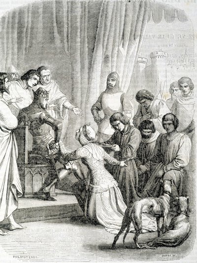 La Reina de Inglaterra (Felipa de Henao) pide clemencia a su esposo Eduardo III para los habitantes de Calais (episodio de los 6 burgueses de Calais) de French School