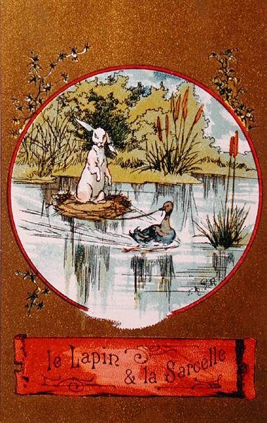 El Conejo y el Pato, tarjeta ilustrada que representa la fábula de Jean de la Fontaine de French School