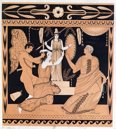 El rapto de Casandra por Áyax, ilustración de un antiguo jarrón griego de French School