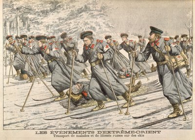 La Cruz Roja transportando rusos heridos en esquís durante la Guerra Ruso-Japonesa (1904-05) de Le Petit Journal, c.1904 de French School