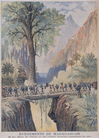 El Residente General de Madagascar, Charles le Myre de Vilers y colonos franceses llegan a la costa, ilustración de 