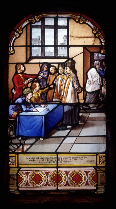 El Tribunal Revolucionario de Quimper condena a estos confesores de la fe a detención seguida de exilio y deportación (1793-95) - vitrales de la iglesia de St Germain en Kerlaz de French School