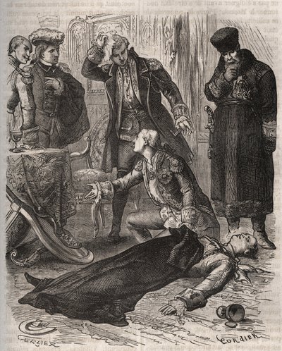 El Emperador ruso Pedro III (1728-1762), asignado a una residencia, fue asesinado por orden de su esposa Catalina II, quien acababa de derrocarlo y tomar el poder, por Alexei Orlov (1737-1808) y sus guardias el 17 de julio de 1762. Grabado de 1871 en "Hist de French School