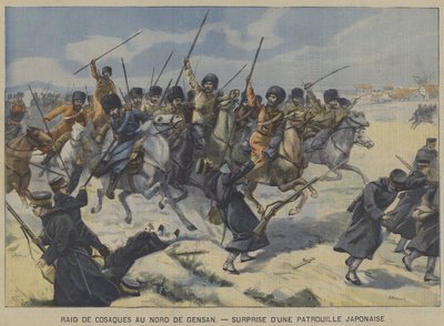 La Guerra Ruso-Japonesa: cosacos sorprendiendo a una patrulla japonesa en una incursión al norte de Gensan, Corea de French School