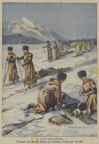 La Guerra Ruso-Japonesa: transportando soldados rusos heridos en trineos hechos de esquís de French School