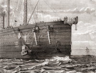 El S.S. Great Eastern lanzando una boya al mar para marcar el lugar de un cable telegráfico transatlántico perdido de French School