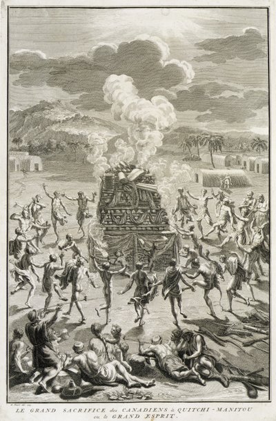 El Sacrificio a Quitchi-Manitou, o El Gran Espíritu, por los canadienses, ilustración de Ceremonias y Costumbres Religiosas, grabado por Bernard Picart, 1723 de French School