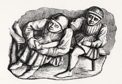 El Zapatero y su Cliente, copiado de uno de los Stalls de Misericordia en el Coro de la Catedral de Rouen, ilustración de Ciencia y Literatura en la Edad Media y el Renacimiento de French School