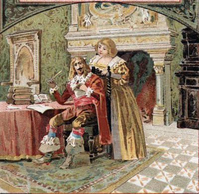 El Señor de Beringhen y Madame du Fargis conspiraron contra Richelieu (Armand Jean du Plessis, Cardenal de Richelieu (1585-1642), ministro de Luis XIII, en el Chateau de Azay-le-Rideau (Azay le Rideau) (Indre-et-Loire). Cromolitografía de finales del siglo de French School