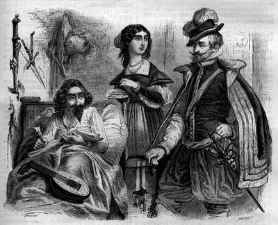 El escritor español Miguel de Cervantes Saavedra (1547-1616) en su casa en 1614 rodeado de su esposa y el Conde de Lemos. Grabado de 1852 de French School