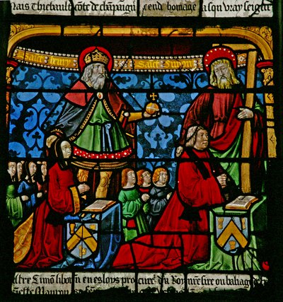 La ventana de San Luis: Los donantes Henriette de Mauroy y Simon Liboron con sus santos patronos San Enrique y Simón de Cirene de French School