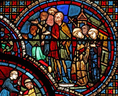 La ventana de San Lubin: una procesión sale de una iglesia de French School