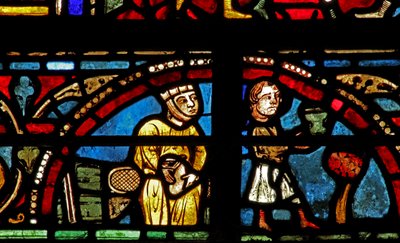 La ventana de San Lubin: donantes - vinateros: él sirve el vino, ella sostiene la bolsa de dinero de French School