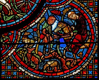La ventana de San Lubin: su educación - un monje le da un cinturón con un alfabeto inscrito de French School