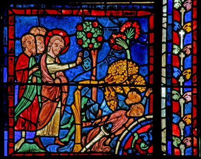 Ventana de San Martín: el santo hace caer un árbol sobre el pagano de French School