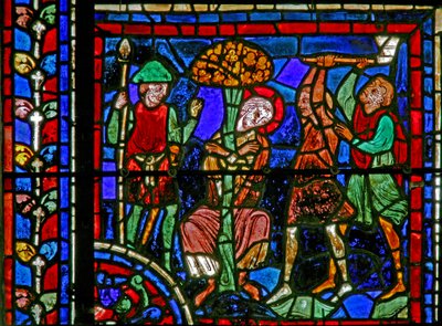 Ventana de San Martín: el santo es atado a un árbol por dos bandidos de French School