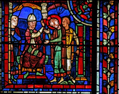 Ventana de San Martín: el santo recibe una bendición de San Hilario de French School