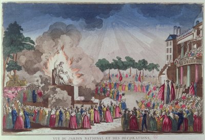 La Estatua del Ateísmo siendo destruida y reemplazada por la Estatua de la Sabiduría en el Festival del Ser Supremo, Jardin National des Decorations, París, 8 de julio de 1794 de French School