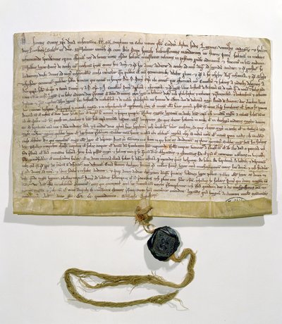Los Estatutos de la Universidad de París, producidos y otorgados por el Cardenal Robert de Courson, legado papal, en agosto de 1215 (pergamino y cera) de French School