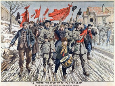 La huelga de mineros en Pas-de-Calais, la procesión de los huelguistas en el pueblo minero, de Le Petit Journal, 1 de abril de 1906 (grabado en color) de French School