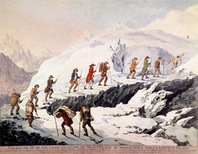 El naturalista suizo Horace Benedict de Saussure (1740-1799) y el guía de montaña francés Jacques Balmat realizaron el segundo ascenso al Mont Blanc en agosto de 1787. de French School