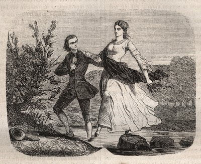 El filósofo suizo Jean Jacques (Jean-Jacques) Rousseau (1712-1778) ayudó a Mademoiselle Galley a cruzar un arroyo. Grabado de 1871 en “Histoire Des Cocus Celebres” por Henry de Kock (1819-1892). de French School