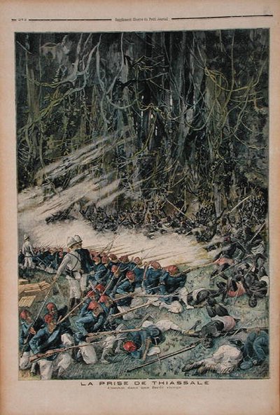 La toma de Thiassale, la batalla en la selva virgen, ilustración de Le Petit Journal, 26 de agosto de 1893 de French School
