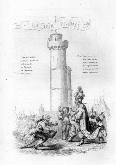 La torre es cuidadosa. Un coronel con un arma baja hacia el rey, seguido por pajes. Grabado en 