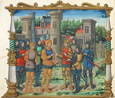 El Tratado de Conflans (Paz de Conflans) entre Luis XI y el Duque de Borgoña, miniatura de Memorias de Philippe de Commines, manuscrito folio 32 verso, Francia, siglo XVI de French School