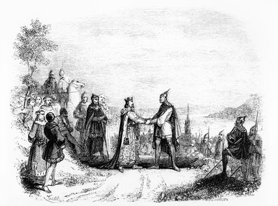 El Tratado de Saint Clair-sur-Epte entre Carlos III El Simple (879-929) Rey de Francia (898-923) y Rollo el Vikingo en 911 de French School