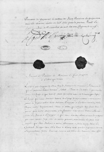 El Tratado de los Pirineos, firmado por el Cardenal Jules Mazarin (1602-61) y Don Luis Méndez de Haro (1598-1661) el 7 de noviembre de 1659 de French School