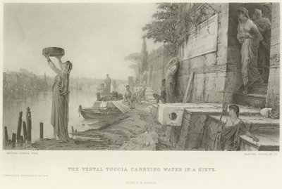 La vestal Tuccia llevando agua en un tamiz (grabado) de French School