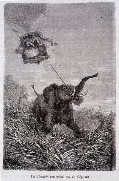 El Victoria remolcado por un elefante - en "Cinco semanas en globo", novela de Julio Verne de French School