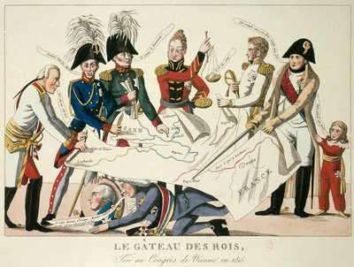 El Congreso de Viena el 22/06/1815: el pastel de los reyes. Reunió a las ocho potencias mundiales y buscó redefinir las fronteras tras la caída del Imperio de Napoleón I. Alejandro I, Zar de Rusia; H.R. Stewart, Castlereagh; Francisco José I, Emperador de  de French School