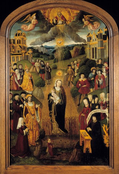 La Virgen con Trigo. El Rey Luis XII (1462-1515) y el Papa Alejandro VI (1431-1503) están presentes. Dios Todopoderoso sosteniendo el Globo bendice la escena mientras el Espíritu Santo protege a la Virgen y al Niño. Pintura sobre madera de la Escuela Franc de French School