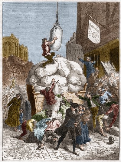 La Guerra de las Harinas: saqueo de panaderías en París, alrededor de 1775 (primera de la Revolución Francesa) (grabado) de French School