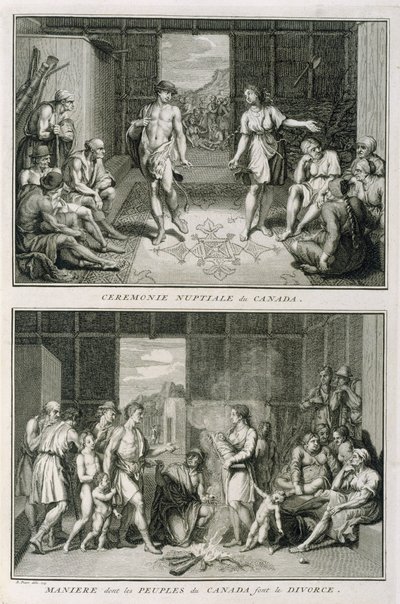 La Ceremonia de la Boda y la Manera de Divorciarse en Canadá, ilustración de Ceremonias y Costumbres Religiosas, grabado por Bernard Picart, 1723 de French School