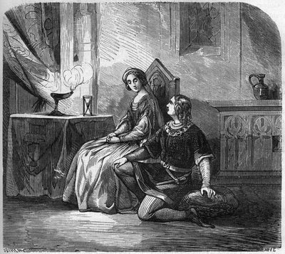 La Reina Blanca de Castilla (1188-1252) y el Poeta y Rey de Navarra Thibault IV de Champagne (1201-1253) (también conocido como Thibault I de Navarra). Grabado en “La historia de la prostitución y la depravación entre todos los pueblos del mundo desde la a de French School