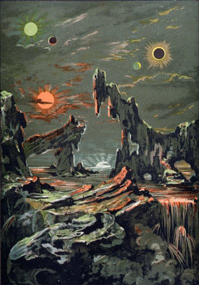 El mundo de cuatro lunas y cuatro soles, ilustración de LAstronomie Populaire escrito por Camille Flammarion (1842-1925) 1881 de French School