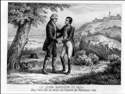 El joven Napoleón Bonaparte (1769-1821) encontrándose con Pasquale Paoli (1725-1807) en 1789, de un libro sobre Córcega de J.A. Galetti, París, 1863 de French School