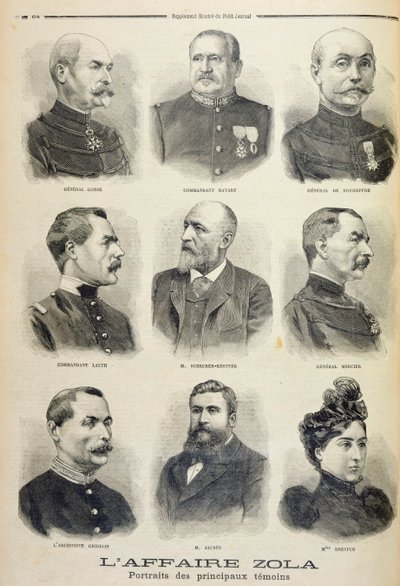 El caso Zola: retratos de los principales testigos, ilustración del suplemento ilustrado de Le Petit Journal, 27 de febrero de 1898 de French School