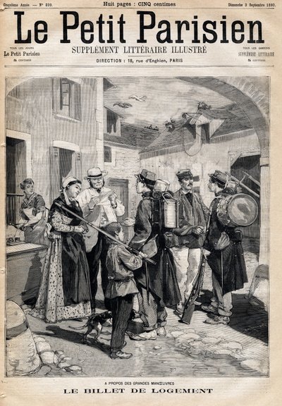 El billete de alojamiento, que da derecho a una cama y una vela, se distribuye a los soldados después de sus ejercicios y grandes maniobras. Uno del periódico "Le Petit Parisien" el 3/09/1893 (grabado) de French School