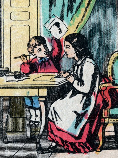 Las actividades para niñas de buenas familias: ayudando a un hermanito con su tarea - Imagen de Epinal - siglo XIX de French School