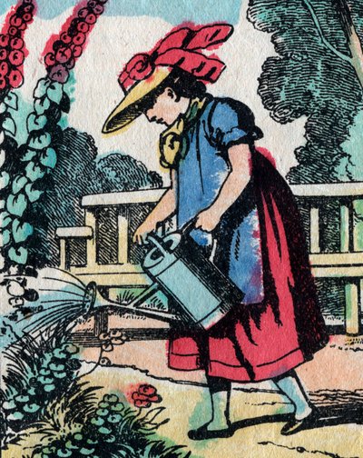 Las actividades para niñas de buenas familias: aprendiendo jardinería - Imagen de Epinal - Siglo XIX (grabado) de French School